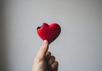 Hand Holding Red Heart with Bite Mark on Neutral Background, Emotional Expression, Love, Vulnerability, Relationship Feelings, Personal Struggle and Human Connection Symbol