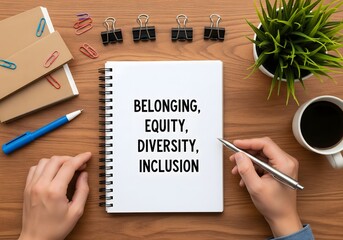 Notebook with Words Belonging Equity Diversity Inclusion on Office Desk, Workplace Equality Message, Corporate Culture, Human Resources, Social Values and Inclusive Business Environment