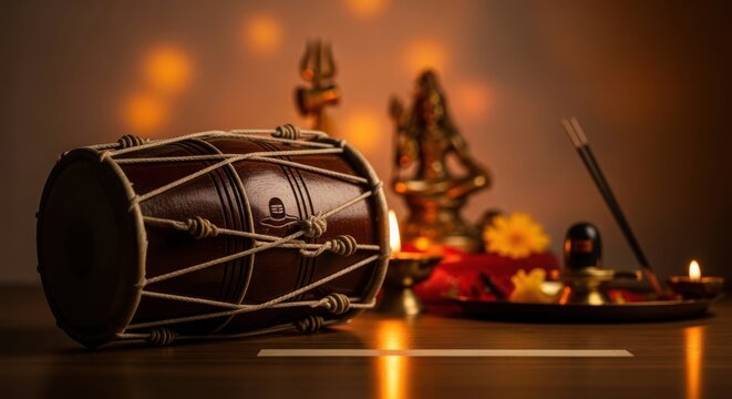 A traditional indian drum devotional objects and warm lighting create a spiritual still life high quality