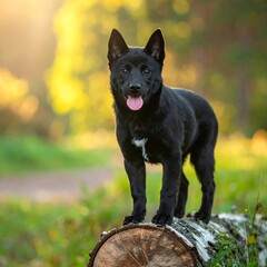 A black dog stands proudly atop a log in a sunlit forest, tongue out