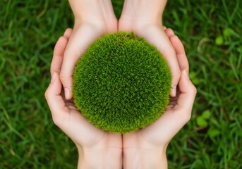 Hands Holding Green Grass Sphere Symbolizing Nature Care and Environmental Balance, Fresh Lawn Texture, Eco Friendly Lifestyle, Sustainability Awareness and Natural Growth Background