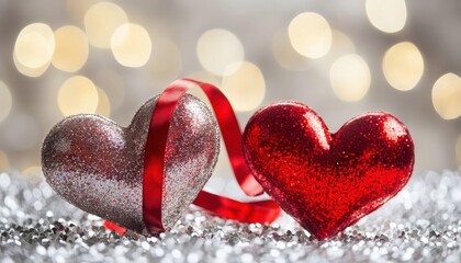 Fototapeta premium Two sparkling hearts, one silver and one red, are adorned with a bright ribbon against a soft light background