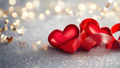 Fototapeta premium Two glossy red hearts entwined with ribbon rest upon a shimmering silver surface with golden bokeh lights in the background
