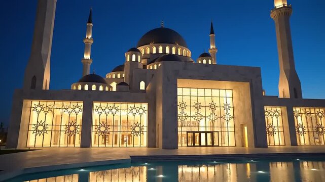 Mosque Architecture at Night with Reflection.
