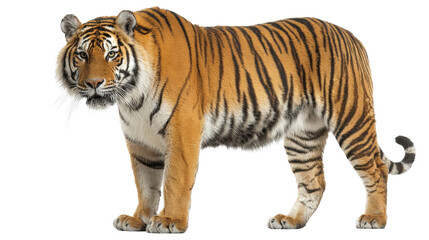 Obraz premium Bengal tiger in alert stance background isolated on a Transparent background, PNG file.
