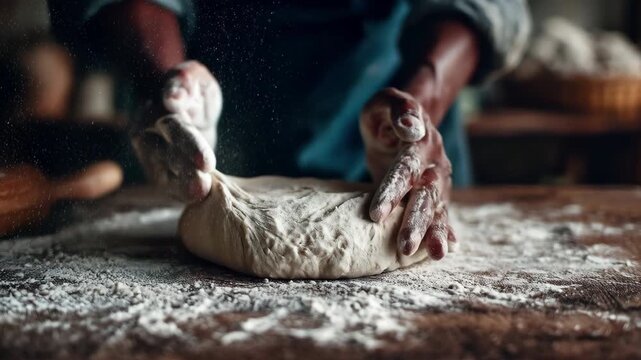 Close-up of baker hands kneading fresh dough on floury rustic wooden table in artisan kitchen
