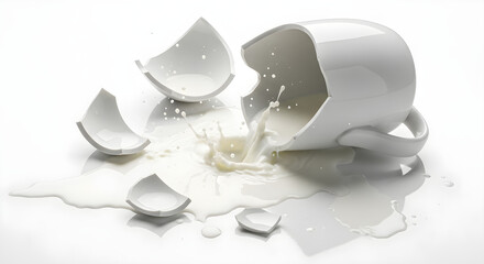Milk Glass Broken with Liquid Spill Isolated