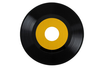 Black vinyl record with yellow label music isolated on a transparent background