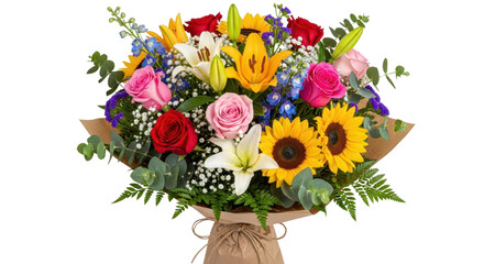 Obraz premium Vibrant Mixed Flower Bouquet with Sunflowers and Roses Wrapped in Brown Paper isolated PNG with Transparent Background