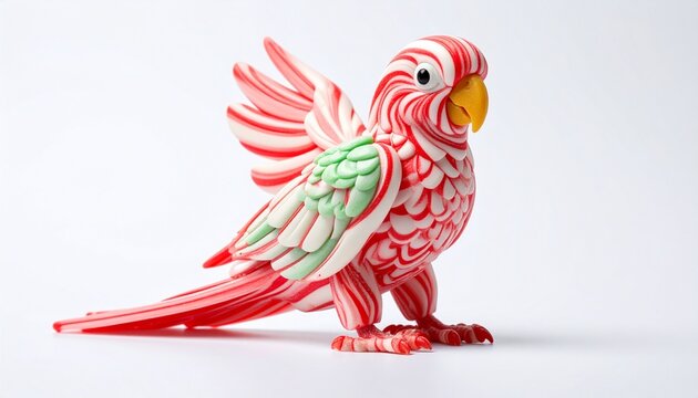 Vibrant red and white candy parrot figurine with green wing details