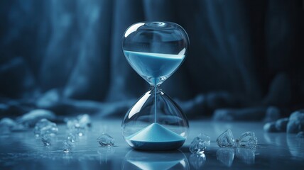 Elegant hourglass with blue sand and ice cubes on reflective surface