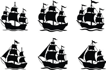Sailing ship silhouette set, vintage pirate vessels on ocean waves, nautical maritime transport illustration, black vector ships collection © Sarjina's World