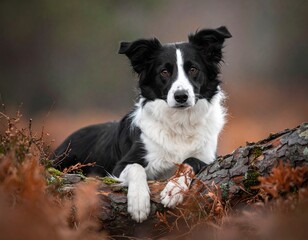 A black and white dog rests on a fallen tree, surrounded by autumn foliage