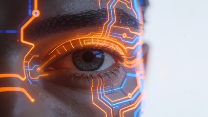Closeup of human eye with glowing circuit patterns