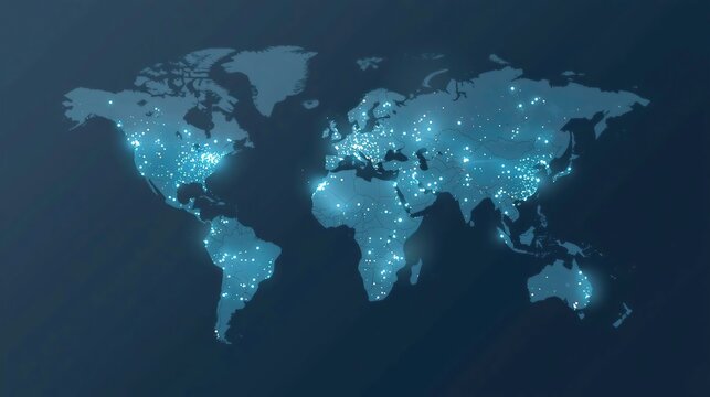 Digital World Map with Glowing Network Connections and Global Data Points on Blue Background