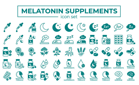 Melatonin Supplements Sleep Aid Natural Hormone Dropper Pills Moon Nighttime Formula Wellness Health Relaxation Bottle Vector Icon Set - Sleep Supplements