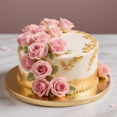 Naklejka premium 4k high quality Ai generative HD photo realistic background valentine sweet seventeen dessert birthday topping wedding whipped cream cake roses heart love petals red velvet decoration gold pink icing