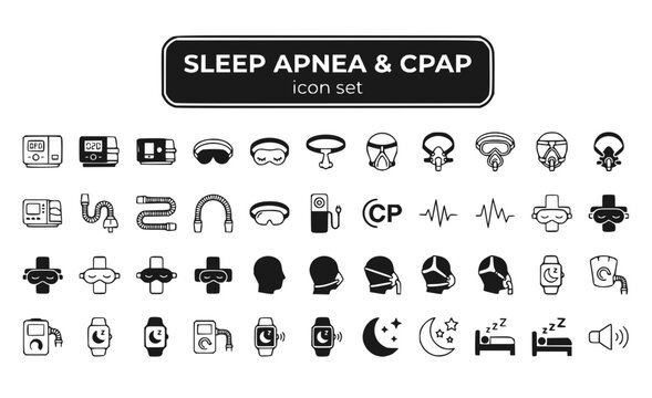 Sleep Apnea CPAP Machine Mask Breathing Device Therapy Treatment Continuous Airway Pressure Respiratory Medical Equipment Vector Icon Set - CPAP Therapy