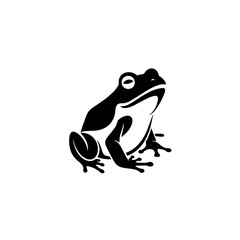 A black and white illustration of a frog sitting on a surface viewed from the side