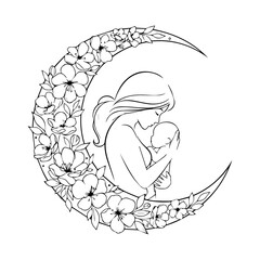 Obraz premium Serene Mother Embracing Baby within Floral Crescent Moon Illustration