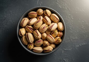 A bowl of pistachios on a dark surface, with some shells cracked open