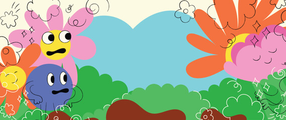 Kids fantasy garden vector background with cute monster characters, flowers, clouds and nature shapes. Playful illustration design for posters, storybooks and wall art.