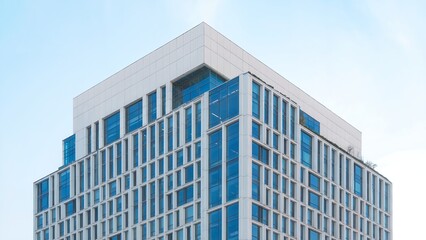 A modern office building with blue windows and a white exterior