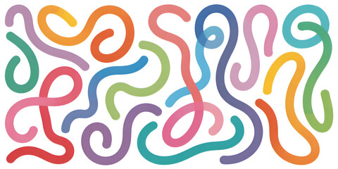 Obraz premium Colorful gradient organic line elements collection - flowing curved shapes in vibrant rainbow colors including pink, blue, yellow, green, purple, orange and cyan for modern abstract design background