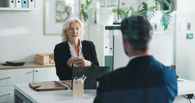 Discussion, job interview and business people in office with hiring, recruitment or contract. Meeting, professional and hr manager with candidate for employment process with vacancy in workplace.