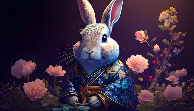 An anthropomorphic rabbit wearing a kimono, facing forward