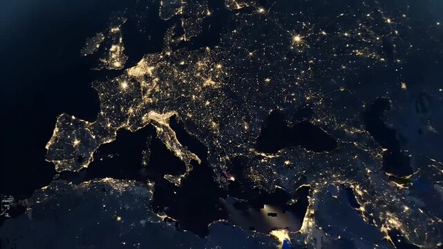 Satellite view of planet earth from space showing europe continent lights at night time