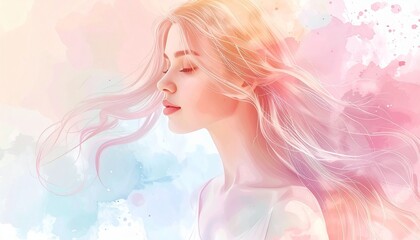 Serene woman with flowing hair in soft pastel colors