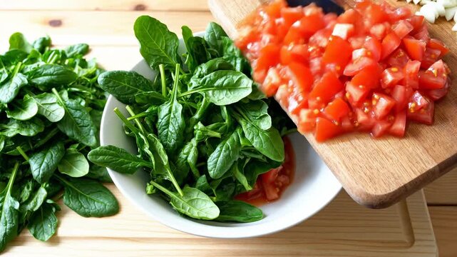 Perfectly composed overhead flat lay shot of fresh alkaline ingredients featuring vibrant spinach leaves and diced red tomatoes moving into a large white bowl white bowl, motion, composed