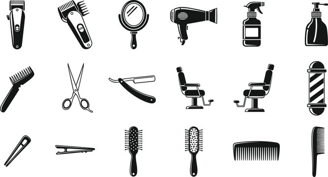 Professional Barber Shop and Hair Salon Icon Set Featuring Clippers Hair Dryers Scissors Razors Barber Chairs and Combs in Minimalist Black Silhouette Style