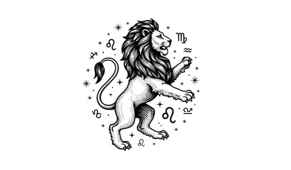 Hand drawn Leo zodiac sign lion sketch engraving style black and white vector © Sadman
