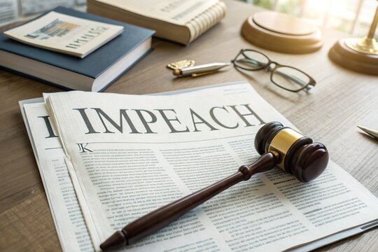 Legal document d 'IMPEACH' on a wooden desk with a gavel, glasses, and books in the background