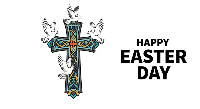 Happy easter day with cross and dove