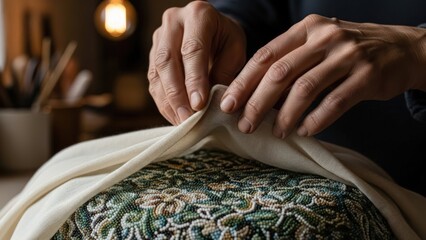Obraz premium Close-up of hands draping a white fabric over a colorful patterned object in a dimly lit room.