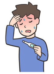 体温計を持ち、発熱している若い男性