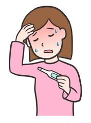 体温計を持ち、発熱している若い女性