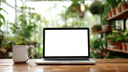 Fototapeta premium Laptop with blank white screen and coffee mug on a wooden table in a lush greenhouse garden office background