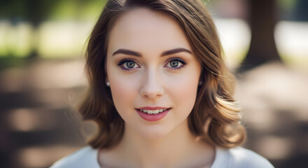 Fototapeta premium Headshot of a smiling young woman with brown hair and green eyes looking at the camera in soft outdoor light