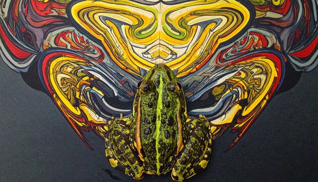 Vibrant green frog in front of psychedelic abstract art
