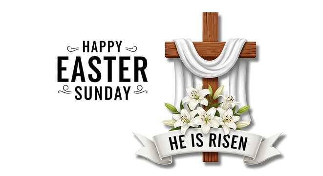 Happy easter sunday with cross and white flowers