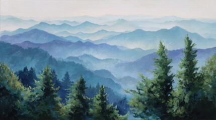 Naklejka premium Mountain landscape painting with layered blue peaks and green evergreen trees in the foreground