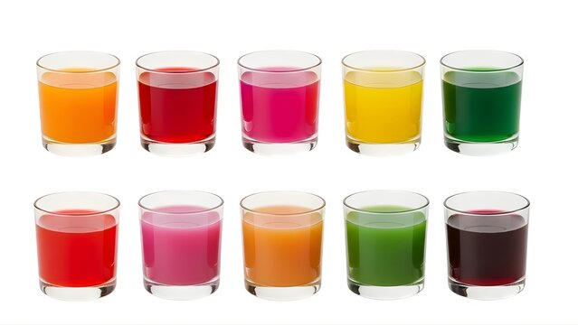 A collection of colorful drinks in small glasses on transparent background