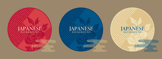 Circle background frame set with classic japanese geometric and floral pattern.