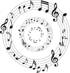 Circular music notes illustration with treble clefs and staff lines, artistic black and white sound concept