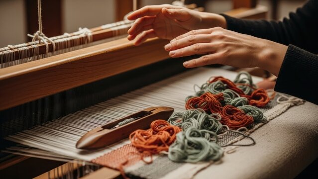 A person weaves on a wooden loom with colored threads and a shuttle.