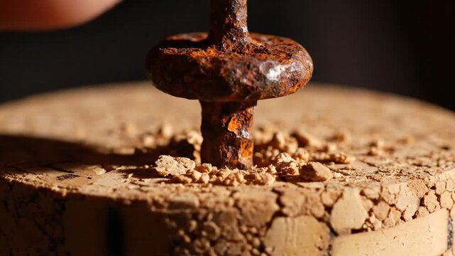 Close-up of a rusty nail being hammered into a cracked wooden stump with a dark background.